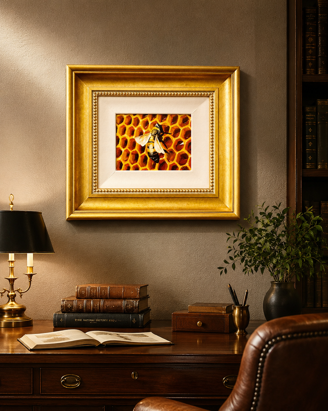 The painting in a wood-paneled study