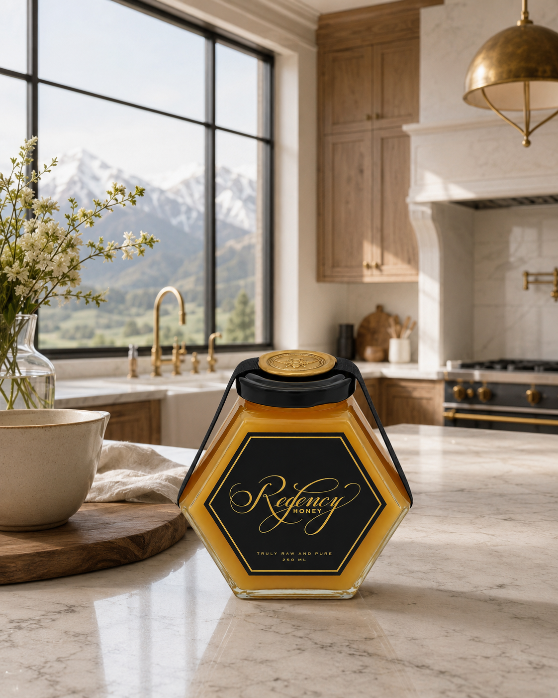 Regency Honey jar in a Utah kitchen with mountains beyond